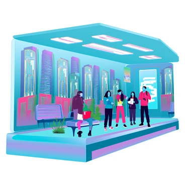 A vibrant mural adorning the walls of a subway station. The mural features a dynamic cityscape, with tall buildings painted in bright colors, showcasing a variety of architectural styles. There are abstract shapes and patterns intertwining throughout the scene, adding a sense of movement and energy. A group of diverse commuters is depicted, each with distinct clothing and expressions, waiting for their train near the mural. The lighting in the station creates a contrast with the mural, emphasizing its lively colors. Several plants and benches are placed around the area, contributing to the urban atmosphere.