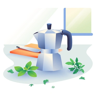 A Bialetti moka pot surrounded by fresh herbs like basil and mint on a kitchen counter