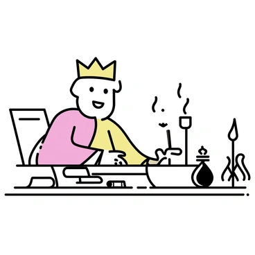 A middle-aged man with a regal appearance, wearing a flowing robe and a crown, is sitting at a wooden desk. His face shows deep concentration as he writes with a quill on a scroll. A flickering candle illuminates the scene, casting soft shadows around the desk. Scrolls and inkpots are scattered across the desk, along with a lyre resting nearby. The room is simple yet elegant, suggesting a quiet moment of reflection.