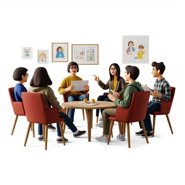 A group of five illustrators gathered in a well-lit room, seated in a circular arrangement. Each illustrator has their own sketchbook open in front of them, displaying various pieces of artwork. The first illustrator, with curly hair and glasses, is animatedly discussing a colorful character design. The second, with long straight hair and a beanie, is nodding in agreement while taking notes. The third, wearing a plaid shirt, is holding up a digital tablet to showcase their work. The fourth illustrator, with short hair and a hoodie, is offering constructive feedback, pointing at a specific detail in another’s artwork. The fifth, with a vibrant scarf, is smiling and listening intently, ready to share their thoughts. The walls are adorned with framed illustrations, adding to the creative atmosphere. A coffee table in the center holds various art supplies, including markers and pencils.