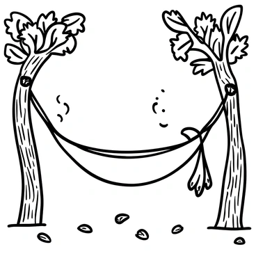 A hammock suspended between two fig trees, with the fabric of the hammock draping softly. The fig trees have textured bark and lush leaves, creating a natural frame around the hammock. The ground is covered with fallen fig leaves scattered in various positions. There are light wisps of wind visibly moving the hammock, emphasizing its gentle swaying motion. The background features more fig trees in varying heights, creating a lush and inviting atmosphere. The overall scene conveys a tranquil outdoor setting.