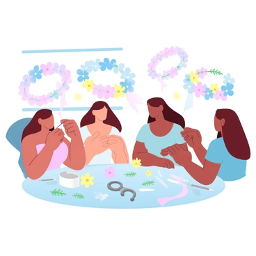A group of friends is gathered around a crafting table, engaged in making colorful flower crowns. Each friend is focused on their own creation, with various vibrant flowers and greenery spread out across the table. One friend is carefully threading a pink flower into their crown, while another is arranging a mix of blue and yellow blossoms. In the background, several completed flower crowns are displayed, showcasing a variety of colors and styles. The atmosphere is lively, with scissors, ribbons, and other crafting materials scattered around.