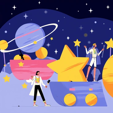 A cosmic-themed parade features colorful floats resembling various planets and stars. Each float is uniquely designed, showcasing vibrant colors and intricate details. One float resembles a large, swirling blue planet with rings, while another is shaped like a glowing yellow star with sharp points. The night sky above is deep blue with twinkling white stars scattered throughout, creating a magical atmosphere. Participants in the parade wear costumes that match the celestial theme, including shimmering capes and glittering accessories.