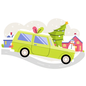 A green station wagon with a shiny roof holds a large, decorated Christmas tree secured with a red ribbon. The vehicle drives along a winding road through a snowy village. Small, colorful houses with smoke rising from their chimneys line the sides of the road. Snowflakes gently fall from the gray sky, covering the ground in a thick layer of white. Festive lights adorn the houses, and a snowman stands in a front yard, wearing a scarf and a hat.