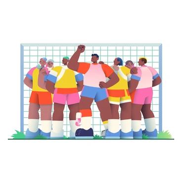 A diverse team of athletes is huddled closely together, each member displaying a look of determination and focus on their faces. The players are wearing matching sports uniforms in bold colors, and some have sweatbands on their wrists. They are standing on a grassy field, surrounded by goalposts in the background. One player in the center is raising a fist in the air, while others have their hands placed on each other's shoulders, showing unity. The sky above is bright and clear, indicating a perfect day for a match.