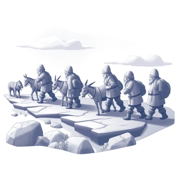 A caravan consisting of several dwarves moving across a rugged, rocky terrain. The dwarves are dressed in traditional attire, with thick belts and sturdy boots. They are accompanied by pack animals, such as donkeys and mules, each laden with heavy bags and supplies. The landscape features sharp rocks and scattered boulders, with some sparse vegetation visible in the foreground. The sky above is partly cloudy, creating contrasting shadows on the ground. The dwarves are engaged in conversation, showcasing camaraderie as they journey together through the harsh environment.