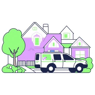 A forensic investigation vehicle is parked in the driveway of a suburban house. The vehicle is equipped with visible tools and equipment on its exterior for collecting evidence. In front of the vehicle, there are several markers placed on the ground indicating points of interest. The house features a well-maintained lawn with a picket fence and flower beds. A large tree provides shade on one side of the property. In the background, there are neighboring houses, each with their own unique architectural style.