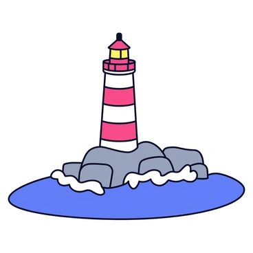 A detailed clay model of a lighthouse stands tall on a rocky coast. The lighthouse has a red and white striped exterior with a small balcony at the top. Surrounding the base of the lighthouse are textured grey rocks, shaped to appear rugged and uneven. Waves are depicted crashing against the rocks, with white foam illustrating the force of the water. The sky above is a soft blue, hinting at a clear day.