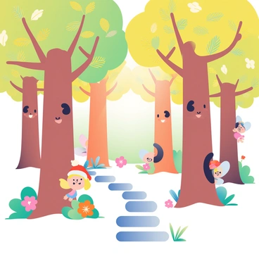 A colorful forest filled with tall trees that have friendly faces carved into their trunks. The leaves are vibrant shades of green, yellow, and orange. Whimsical creatures, such as small fairies with translucent wings and tiny gnomes with red hats, are peeking out from behind the trees. Bright flowers in various colors dot the forest floor, and a gentle winding path made of smooth stones leads deeper into the enchanting woods. Sunlight filters through the branches, creating dappled patterns on the ground.