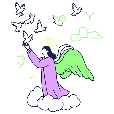 An angel with flowing robes is standing on a soft cloud, surrounded by a gentle breeze. The angel has large, feathered wings that are slightly open as they reach out their hand. In their hand, a flock of doves is taking flight, each dove appearing vibrant and full of energy. The doves are soaring into a clear sky that stretches out in the background. The sunlight filters through, illuminating the scene with a soft glow, enhancing the sense of freedom as the doves ascend into the vast expanse above.