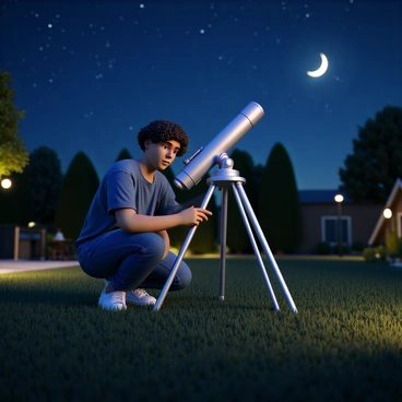 An amateur astronomer with medium-length, curly hair wearing a casual blue shirt and jeans is setting up a telescope in their garden. The telescope is sleek and silver with a sturdy tripod. The astronomer is crouched beside the telescope, carefully adjusting the lens. In the background, the garden is illuminated by soft, ambient lighting from solar garden lights. The clear night sky is filled with numerous stars, and a bright crescent moon is visible, casting a gentle glow over the scene.