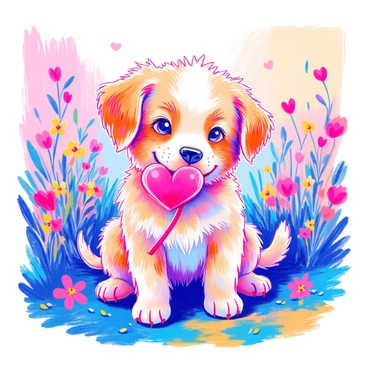 A cute puppy with fluffy fur is playfully holding a "heart-shaped toy" in its mouth. The puppy has big, bright eyes and floppy ears, conveying a sense of joy and excitement. Its tail is wagging, and it is sitting on soft grass. Around the puppy, there are colorful flowers blooming, adding a cheerful touch to the scene. The sunlight casts a warm glow, enhancing the vibrant colors of the puppy and the surroundings.