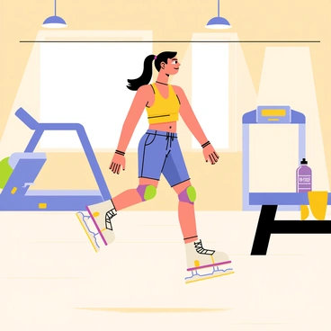 A fitness enthusiast wearing a bright tank top and colorful knee pads is roller-skating across a smooth wooden floor in a gym. The gym is equipped with various exercise machines, including a treadmill and weights, positioned along the walls. The roller-skater's hair is pulled back in a ponytail, and they have a focused expression while gliding effortlessly on roller skates. Bright overhead lights illuminate the scene, creating an energetic atmosphere. A water bottle and a towel are placed on a bench nearby, emphasizing the fitness environment.