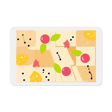 A rectangular canvas featuring a collage of various crackers arranged in a geometric pattern. The crackers are complemented by colorful edible items such as cherry tomatoes, green olives, and slices of cheese, creating an eye-catching composition. Each edible item is placed strategically to enhance the visual appeal, providing a vibrant contrast against the neutral tones of the crackers. The overall structure is designed to draw attention and provoke curiosity, showcasing creativity with food.