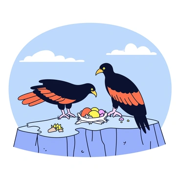A California condor with a large wingspan is perched on a rocky cliffside. Its black feathers contrast with the bright orange patches on its wings. The bird is focused on its nest, which is nestled among the crevices of the rocks. The nest contains a few eggs, partially visible among soft materials such as grass and feathers. The rocky surface has a rough texture, with some dry shrubs and small stones scattered around. In the background, the expansive sky shows a few wispy clouds.