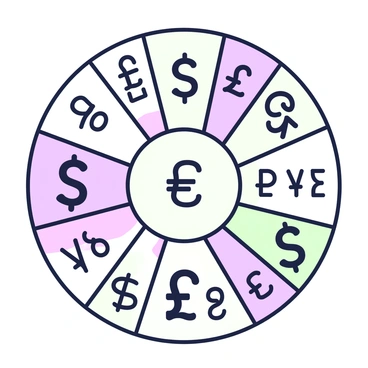A round color wheel is displayed prominently in the center of the image. The wheel is divided into several sections, each filled with a distinct currency symbol. The symbols include the dollar sign, euro symbol, pound sign, yen symbol, and others, clearly visible in each section. The sections are arranged evenly around the circle, creating a balanced appearance. Each currency symbol is centered within its respective section, ensuring clarity and visibility. The overall composition highlights the unique characteristics of each symbol, providing an engaging visual representation of global currencies.