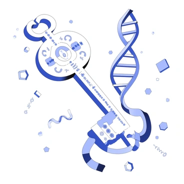 A detailed illustration of DNA polymerase depicted as a large, intricately designed key. The key is adorned with motifs related to molecular biology, such as nucleotide symbols and double helix patterns. In the background, a stylized representation of a DNA strand is shown, with sections illuminated to emphasize the concept of unlocking DNA codes. The DNA strand is intertwined with the key, suggesting an interaction between the two. Additionally, the atmosphere is filled with small geometric shapes symbolizing genetic sequences, creating a sense of complexity and discovery.