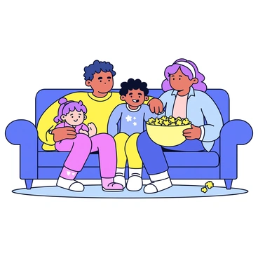 A family of four is sitting closely on a cozy sofa, enjoying a movie together. The parents are on either side of two children, a boy and a girl, who are snuggled up with blankets. A large bowl of buttery popcorn sits on the armrest of the sofa, with some kernels scattered around. The room is softly lit, creating a warm atmosphere as they look towards the screen, absorbed in the film.