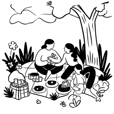 A family consisting of an Asian woman and a Black man sitting on a checkered picnic blanket in a lush garden. They are surrounded by various types of plants and flowers, with a large tree providing shade overhead. A wicker basket filled with food items is placed beside them. There are plates with fruits and sandwiches set out on the blanket. The couple is engaged in a game with two children, one holding a colorful toy while the other is reaching for a piece of fruit. A picnic container is open, revealing a bottle of beverage and a few cups.