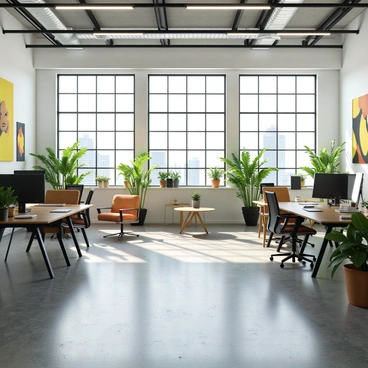 The interior of a creative agency studio is brightly lit and spacious, featuring large windows that allow natural light to flood the room. The walls are adorned with various pieces of colorful artwork, showcasing different styles and mediums. A variety of green plants are strategically placed throughout the space, adding a touch of nature and freshness to the environment. There are modern work desks made of wood and metal, each equipped with computers and design tools. A comfortable seating area with stylish chairs and a coffee table is situated in one corner, inviting collaboration and creativity. The floor is made of polished concrete, giving the studio a contemporary feel.