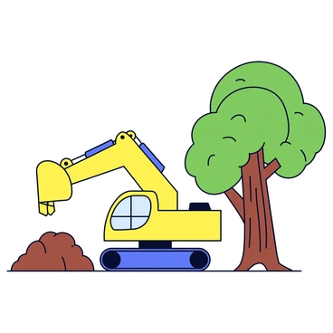A large excavator with a bright yellow color is positioned next to a sturdy oak tree with a thick trunk and lush green foliage. The excavator's bucket is raised, ready to dig, while the tree stands firm, displaying its textured bark and vibrant leaves. The ground around them is bare, with dirt piled nearby from previous excavation work. The scene captures the contrast between the powerful machinery and the natural strength of the tree.