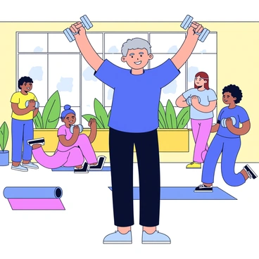 An elderly person with gray hair is standing in a brightly lit community center. They are wearing a comfortable blue t-shirt and black exercise pants. The person is holding a pair of light dumbbells, one in each hand, with arms lifted out to the sides at shoulder height. A large window behind them shows plants outside, adding a touch of greenery to the scene. The floor is made of polished wood, and exercise mats are rolled up in the corner of the room. Other community members can be seen in the background engaging in different activities.