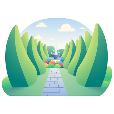 A garden is filled with neatly trimmed hedges shaped into perfect parabolas, creating a visually striking design. The hedges are vibrant green, reflecting sunlight across their surfaces. In the background, there are colorful flower beds featuring a variety of blooming flowers in shades of red, yellow, and blue. A stone pathway winds through the garden, leading the eye towards a central fountain that gently sprays water into the air. The sky above is a soft blue with fluffy white clouds drifting by, adding a serene atmosphere to the scene.
