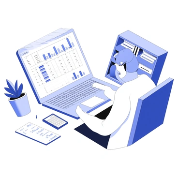 An investor is seated at a desk, reviewing their portfolio on a laptop. The screen displays a financial spreadsheet filled with various numerical values and graphs. Papers are spread across the desk, featuring calculations and notes related to the accounting equation. The investor, a middle-aged person wearing reading glasses, is focused on the screen, with one hand resting on the keyboard and the other holding a pen, ready to make notations. A calculator sits beside the laptop, and a potted plant adds a touch of greenery to the workspace. The room is organized, with a bookshelf in the background containing financial books and resources.
