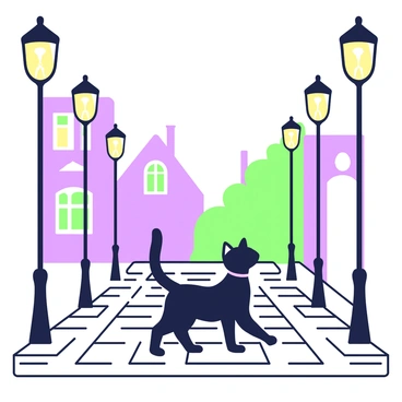 A black cat is walking leisurely down a cobblestone street. The street is lined with several street lamps, each casting a soft glow onto the cobblestones. The cat has shiny fur and its tail is held high as it strolls. Shadows are cast by the street lamps, emphasizing the textured surface of the cobblestones. In the background, there are silhouettes of quaint buildings with windows, partially illuminated by the warm light from the lamps.