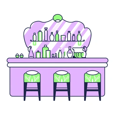 An opulent bar is featured in the center of the image. The bar top is polished and reflects the surrounding elements. Behind the bar, there is a mirrored back wall that enhances the space with reflections of various bottles and glassware arranged neatly on shelves. Stylish art deco stools are positioned along the bar, each with geometric patterns and elegant designs. The stools have cushioned seats and are crafted with intricate detailing, showcasing their luxurious nature. Soft lighting highlights the ambiance, creating a warm and inviting atmosphere.