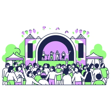 An outdoor music festival is taking place, featuring a large stage at the center. The stage is adorned with colorful banners and bright lights. In front of the stage, a large crowd of people is gathered, some are dancing and others are holding drinks, all displaying expressions of excitement and joy. Several people are wearing hats and sunglasses. The atmosphere is filled with energy as performers can be seen on stage, engaging the audience. In the background, there are vendor tents and a few trees surrounding the event area.