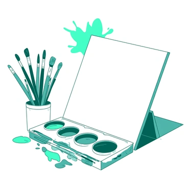 A white art kit is opened, showcasing a variety of brushes in different sizes, neatly arranged on one side. Next to the brushes, there are several small containers of teal paint, each labeled with its color name. A blank white canvas stands upright behind the kit, ready for use. The scene includes a vibrant arrangement of paint splatters in the background to suggest creativity, with some brushes leaning against the canvas, hinting at an artistic process in motion.