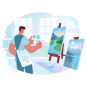 An artist is standing beside an easel, focused on painting a vibrant landscape. The easel holds a canvas that displays rolling hills, a colorful sky, and a calm river. The artist is wearing a paint-splattered apron and has a palette in one hand, while the other hand holds a paintbrush. Sunlight streams through large windows, illuminating the studio filled with art supplies and tubes of paint scattered on a table nearby. A finished landscape painting is leaning against the wall, showcasing a similar scene to the one being created.