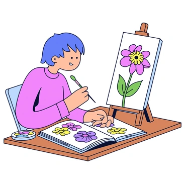 A watercolor artist is focused on painting a colorful flower. The artist is seated at a wooden table, holding a paintbrush in one hand and a palette filled with vibrant colors in the other. On the table, there is an open flower illustration book displaying detailed images of various flowers. The flower being painted is prominently displayed on the easel, capturing its intricate petals and delicate structure. Bright sunlight streams in, illuminating the workspace and casting soft shadows.