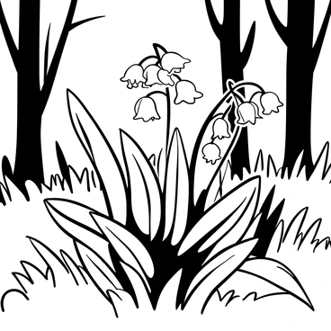 A cluster of "delicate lily of the valley flowers" growing amidst lush greenery in a "shady forest area." The flowers are bell-shaped and arranged along slender stems. Surrounding the flowers, large leaves extend outwards, creating a soft carpet of foliage on the forest floor. The background features tall trees with thick trunks and a variety of underbrush, providing a sense of depth and a natural habitat for the flowers.