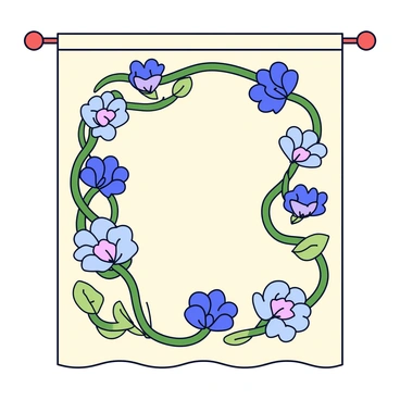 A wall tapestry with a large design featuring cornflowers in various shades of blue. The cornflowers are intertwined with twisting green vines that create an intricate pattern throughout the tapestry. The background is a soft cream color, which contrasts with the vibrant hues of the flowers and the rich green of the vines. The edges of the tapestry are finished with a simple border that complements the overall design.