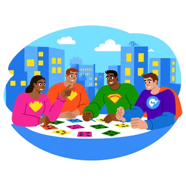 A group of superheroes gathered around a large table covered with a variety of colorful playing cards. Each superhero displays distinct features, such as vibrant costumes and unique powers, all engaged in an intense discussion. The cityscape behind them features tall buildings with bright windows and a clear blue sky. In the background, hints of a battle are visible, with clouds of smoke rising and distant explosions. The superheroes are pointing at the cards, showcasing different strategies and tactics, with expressions of determination and focus on their faces.
