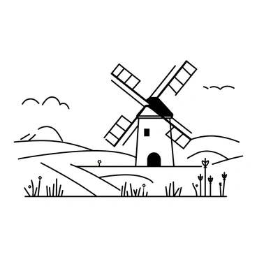 A charming windmill with large, curved blades is situated in the foreground of a rolling countryside landscape. The windmill has a traditional structure, with wooden beams and a thatched roof. Surrounding the windmill, there are gently swaying grasses and a few scattered wildflowers. In the background, there are distant hills that rise and fall softly, under a sky filled with fluffy clouds. The overall scene captures a sense of tranquility and the natural movement of the scenery as the wind causes the blades to turn slowly.
