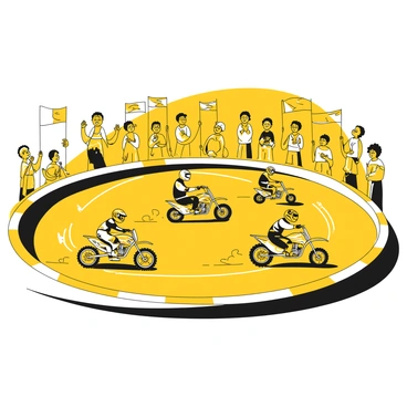 Several mini bikes are racing around a track, each bike featuring unique designs and colors. The riders are wearing protective gear, including helmets and racing suits. The track is outlined with cones and has sharp turns. Numerous spectators are cheering enthusiastically from the sidelines, waving flags and holding banners. Some spectators are standing, while others are seated in bleachers, all focused on the action on the track.