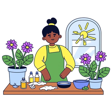A herbalist standing at a wooden table, surrounded by fresh echinacea plants with vibrant purple flowers. The herbalist is wearing a green apron and has dark hair pulled back into a bun. On the table, there are clear glass jars filled with a light amber tincture. There are also various tools, including a mortar and pestle, a dropper bottle, and scattered leaves. Sunlight is streaming in through a nearby window, highlighting the rich green of the plants.