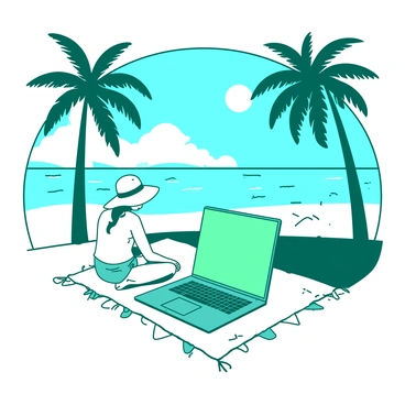 A teal laptop is open on a white beach towel laid out on the sand. A person with a sun hat is sitting cross-legged beside the laptop, focused intently on the screen. Surrounding the scene are tall green palm trees swaying gently in the breeze, casting shadows on the sand. The sun is shining brightly in the clear blue sky, and the waves of the ocean can be seen in the background, gently lapping at the shore.