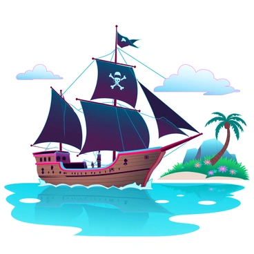 A pirate ship sailing past a series of idyllic islands with lush greenery.