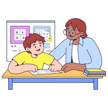 A young school kid sitting at a wooden desk, focused on a math worksheet. The kid has short brown hair and is wearing a bright yellow t-shirt. A friendly teacher, with glasses and wearing a light blue shirt, is leaning over the desk, pointing at a math problem with a warm smile. The room is filled with colorful educational posters on the walls, and there is a stack of textbooks on the desk beside the kid.