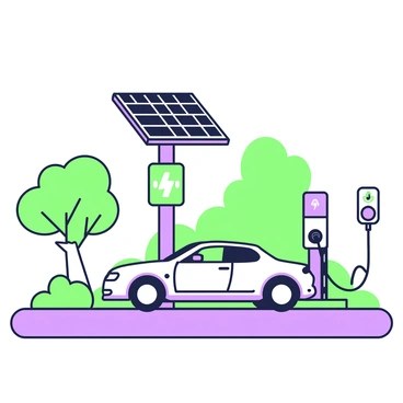An electric car is parked at a charging station, connected to a charging cable. The car has a sleek design and is positioned beneath a large solar panel. The solar panel is mounted on a tall structure, angled towards the sky. In the background, there are a few trees providing shade, while the ground is paved with asphalt. The scene is set during the day, with clear visibility of the car and the charging station. There are informational signs nearby, indicating the charging station's features.