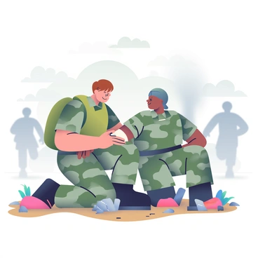 A soldier medic with short brown hair and wearing camouflage fatigues is kneeling on a battlefield, focusing on a fellow soldier. The medic is applying a bandage to a wound on the soldier's arm, which is also dressed in camouflage. Around them, the ground is dusty and uneven, with scattered debris and remnants of military equipment. In the background, there are blurred silhouettes of other soldiers moving cautiously, and a soft smoke rises from a distance. The sky is overcast with gray clouds, creating a somber atmosphere.