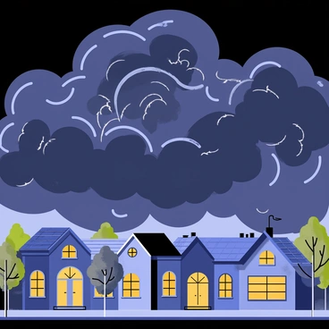 A small town with quaint houses and a few trees is depicted under "dark, swirling clouds" that dominate the sky. The clouds have a dramatic, swirling pattern, creating a sense of motion and tension. In the foreground, there are "small buildings" with windows illuminated, contrasting against the ominous sky. The atmosphere is charged with a sense of anticipation, as a "gleam of lightning" flickers within the clouds, hinting at an impending storm. The streets are empty, conveying an eerie calmness before the chaos.