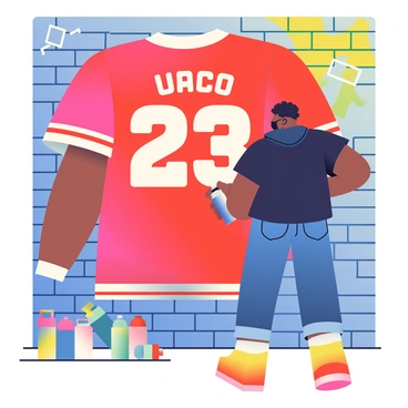 A graffiti artist with medium brown skin and short curly hair is spray painting a large mural of a vibrant red jersey on a brick city wall. The artist is wearing a black hoodie and blue jeans, with a black mask covering the lower part of their face. Various spray paint cans in bright colors are scattered around the base of the wall. The mural features bold graphic elements, including the jersey number "23" prominently displayed in white. The background of the mural includes abstract shapes in shades of blue and yellow, enhancing the overall composition of the piece.