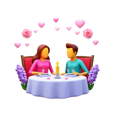 Soft romantic illustrations surrounding a photo of a couple enjoying a candle-lit dinner.
