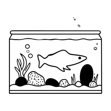 A flounder swimming gracefully in a clear aquarium tank. The tank is adorned with various decorative rocks of different shapes and sizes, creating a natural environment. Some vibrant aquatic plants are positioned among the rocks, adding texture to the scene. Bubbles rise from an unseen filter, and the water surface has gentle ripples.