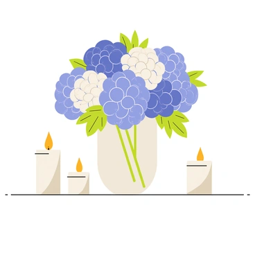A beautifully arranged hydrangea centerpiece for a wedding table, surrounded by candles.